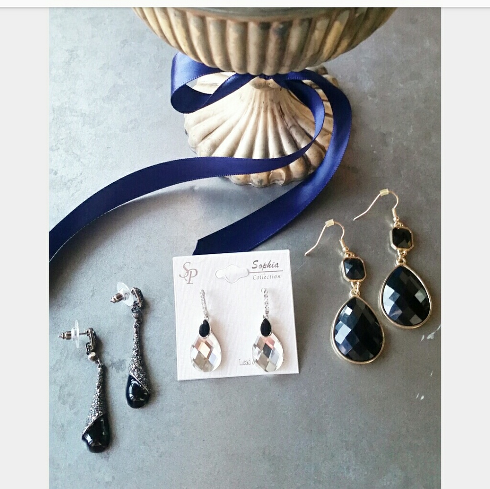 FINAL LOT Bundle 3 Black Silver Drop Earrings - Picture 1 of 5